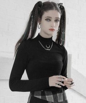 Langärmelige, taillierte T-Shirts mit Grunge-Stehkragen für Damen und Halskette - Gothic Shop