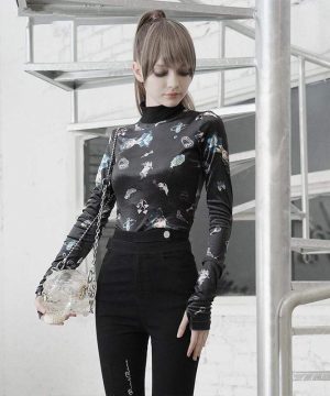 Damen-Oberteile mit Grunge-Stehkragen und langen Ärmeln und Cartoon-Motiv - Gothic Shop