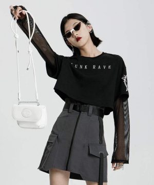 Zweiteiliges lockeres schwarzes Grunge-T-Shirt für Damen mit Mesh-Oberteilen - Gothic Shop