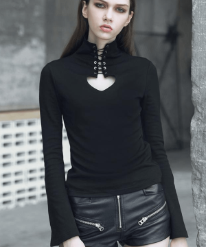 Damen-Langarm-T-Shirt aus Samt mit hohem Halsausschnitt, Herz und hohlem Bindeseil - Gothic Shop