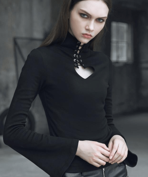 Damen-Langarm-T-Shirt aus Samt mit hohem Halsausschnitt, Herz und hohlem Bindeseil - Gothic Shop