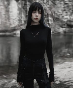 Damen-Punk-Fledermaus-Ausschnitt-Langarmshirt mit Stehkragen - Gothic Shop