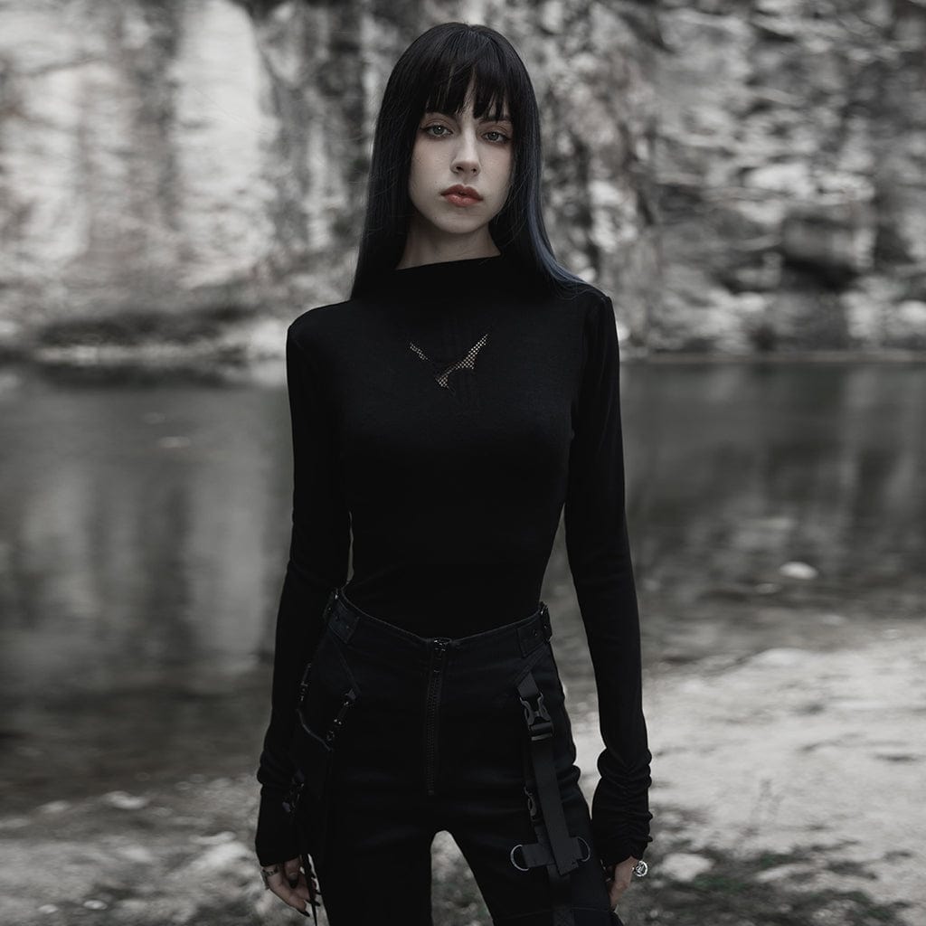 Damen-Punk-Fledermaus-Ausschnitt-Langarmshirt mit Stehkragen - Gothic Shop