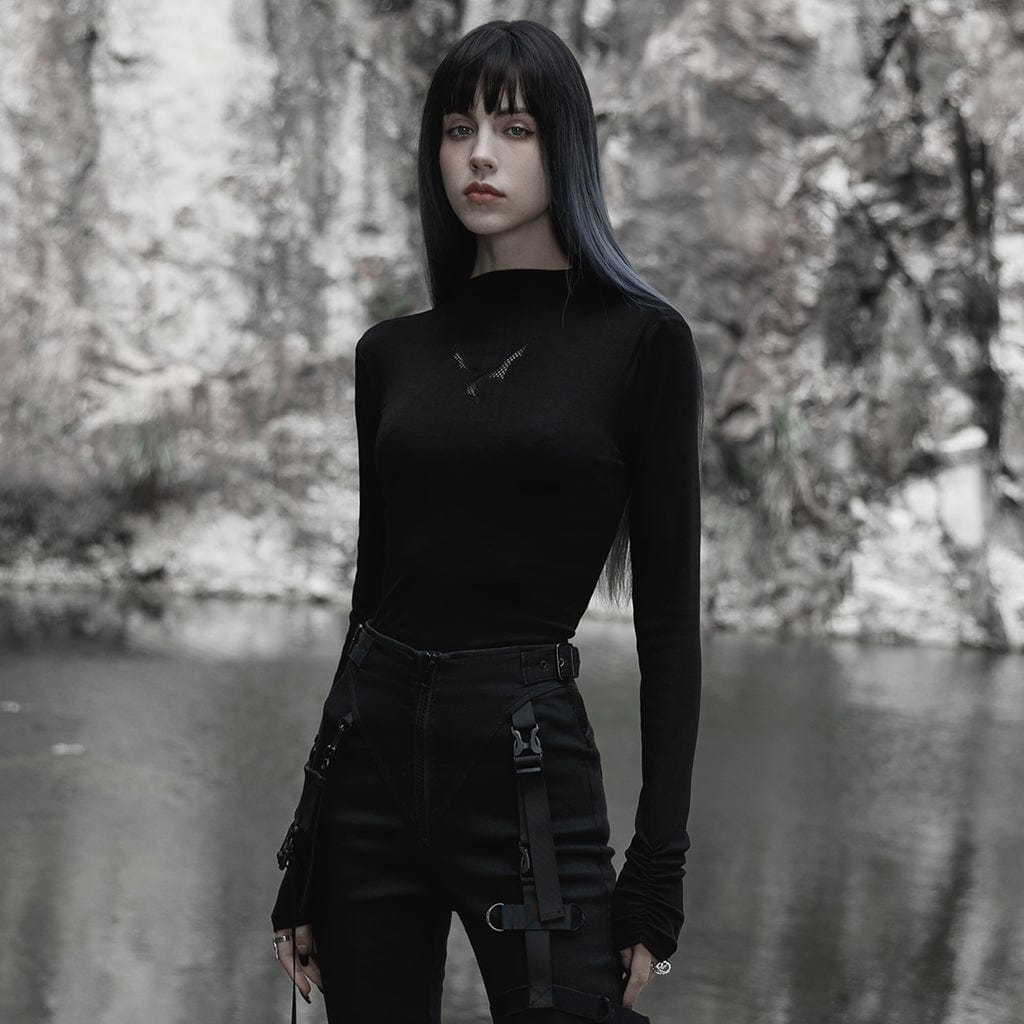 Damen-Punk-Fledermaus-Ausschnitt-Langarmshirt mit Stehkragen - Gothic Shop