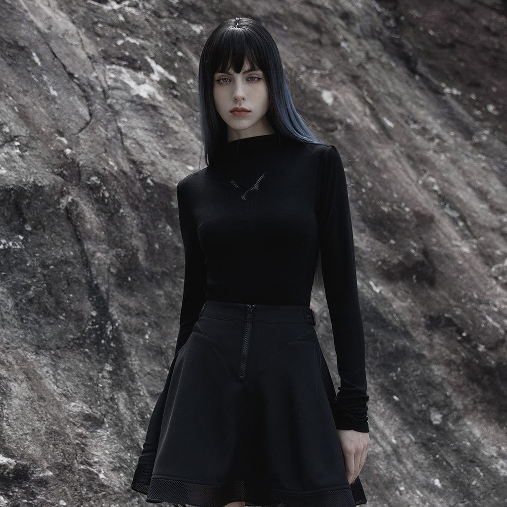 Damen-Punk-Fledermaus-Ausschnitt-Langarmshirt mit Stehkragen - Gothic Shop