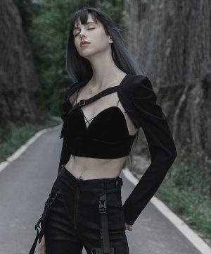 Kurzes Cape mit Punk-Puffärmeln und Trägern für Damen - Gothic Shop