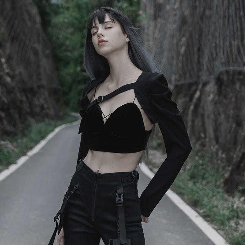 Kurzes Cape mit Punk-Puffärmeln und Trägern für Damen - Gothic Shop