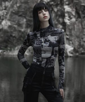 Damen-Punk-Hemd mit schmaler Passform und Ausschnitten - Gothic Shop