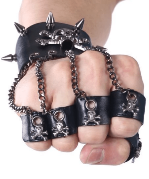 Schwarze Herren-Handschuhe mit Totenkopf-Metallkette und abnehmbaren Fingerringen - Gothic Shop