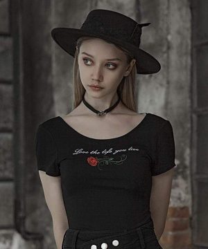 Damen-T-Shirt im Gothic-Stil mit überkreuzter Schnürung und tiefem Rücken - Gothic Shop