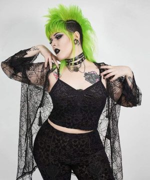 Damen-Gothic-Unterhemd aus schwarzem Samt mit Jacquard-Spaghettiträgern - Gothic Shop