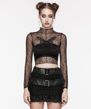 Damen-Gothic-Top aus Netzstoff mit Schmetterlingsstickerei und Blumenmuster - Gothic Shop