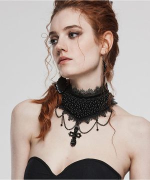 Damen-Halsband im Gothic-Stil mit Kreuzperlen und Spitzensaum - Gothic Shop