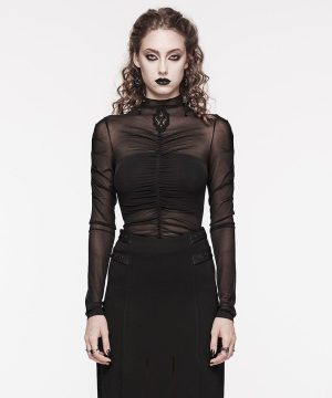 Damen-Hemd aus gerafftem Netzstoff mit Gothic-Blumenstickerei - Gothic Shop