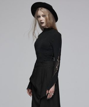 Damen-Gothic-Hemd mit halbhohem Kragen und Spitzenspleiß - Gothic Shop