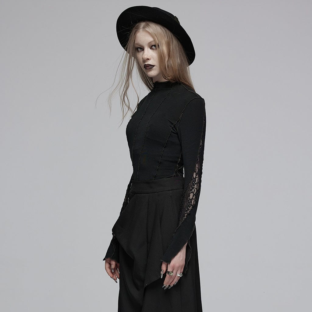 Damen-Gothic-Hemd mit halbhohem Kragen und Spitzenspleiß - Gothic Shop