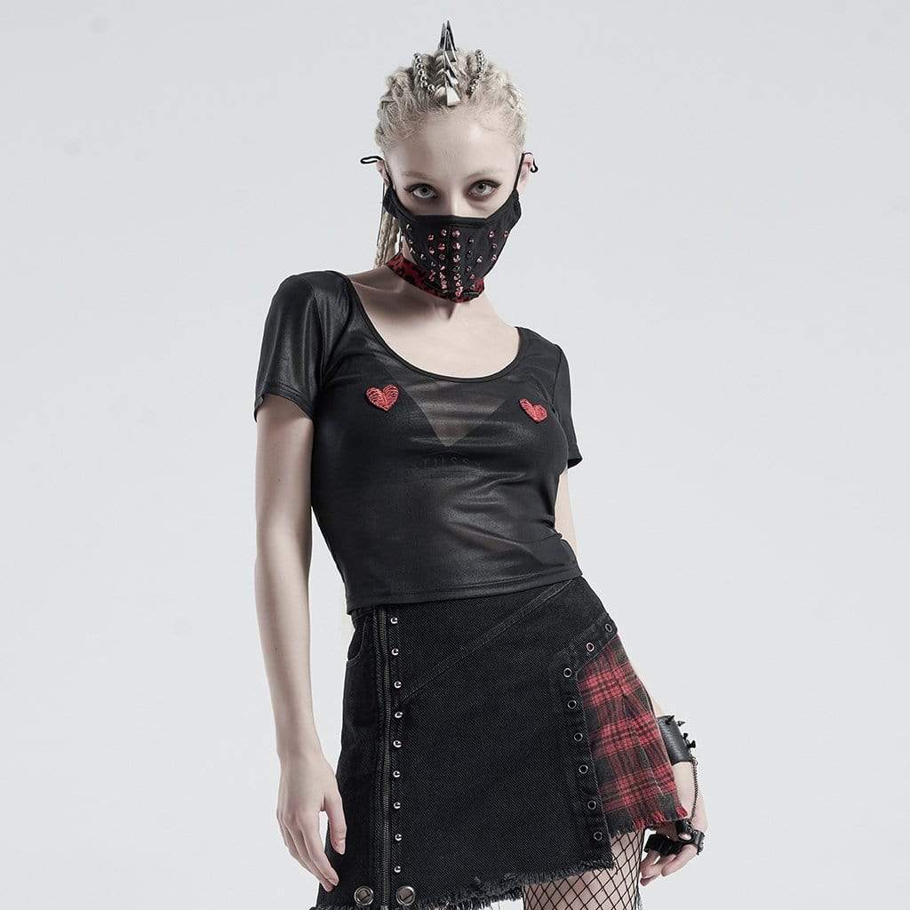 Damen-Crop-Tops mit durchsichtigem Netzstoff im Gothic-Stil mit Herzmuster - Gothic Shop