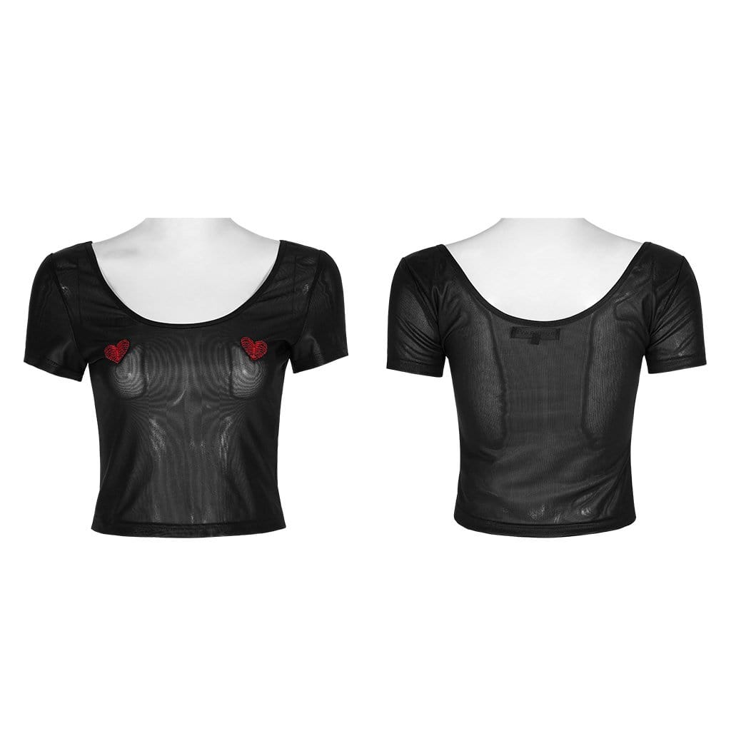 Damen-Crop-Tops mit durchsichtigem Netzstoff im Gothic-Stil mit Herzmuster - Gothic Shop