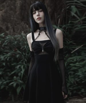 Damen-Gothic-Mesh-Armstulpen mit abnehmbarem Halsband - Gothic Shop