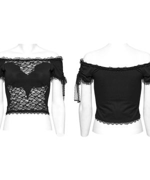 Schulterfreies Gothic-Top mit Kordelzug und Spitze für Damen - Gothic Shop