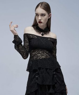 Schulterfreies Gothic-Mesh-Hemd mit Rüschen für Damen - Gothic Shop