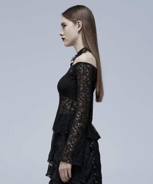 Schulterfreies Gothic-Mesh-Hemd mit Rüschen für Damen - Gothic Shop