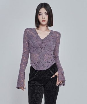 Damen-Hemd im Gothic-Stil mit tiefem, transparentem Spitzensaum - Gothic Shop