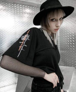 Gothic-T-Shirts mit bedruckten Ärmeln für Damen und Splicing-Mesh-Tops - Gothic Shop