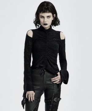 Damen-Strickoberteile im Gothic-Punk-Stil mit Ausschnitten an den Schultern und ausgestellten Ärmeln - Gothic Shop