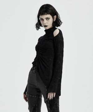 Damen-Strickoberteile im Gothic-Punk-Stil mit Ausschnitten an den Schultern und ausgestellten Ärmeln - Gothic Shop