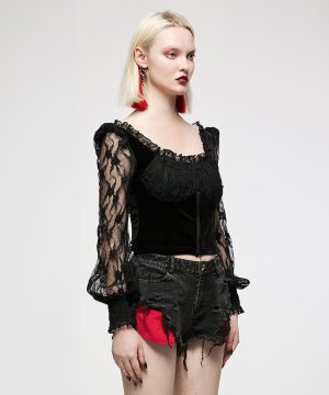 Damen-Jacke im gotischen Stil mit quadratischem Kragen und floralen Spitzenärmeln - Gothic Shop