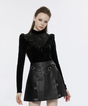Damen-Gothic-Hemd aus Samt mit Stehkragen und Rüschen - Gothic Shop