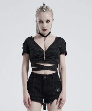 Damen-Gothic-Tops mit V-Ausschnitt und zerrissenen Trägern - Gothic Shop