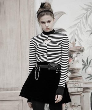 Langärmliges T-Shirt mit Grunge-Ausschnitt, Liebesherz und Zebrastreifen für Damen - Gothic Shop