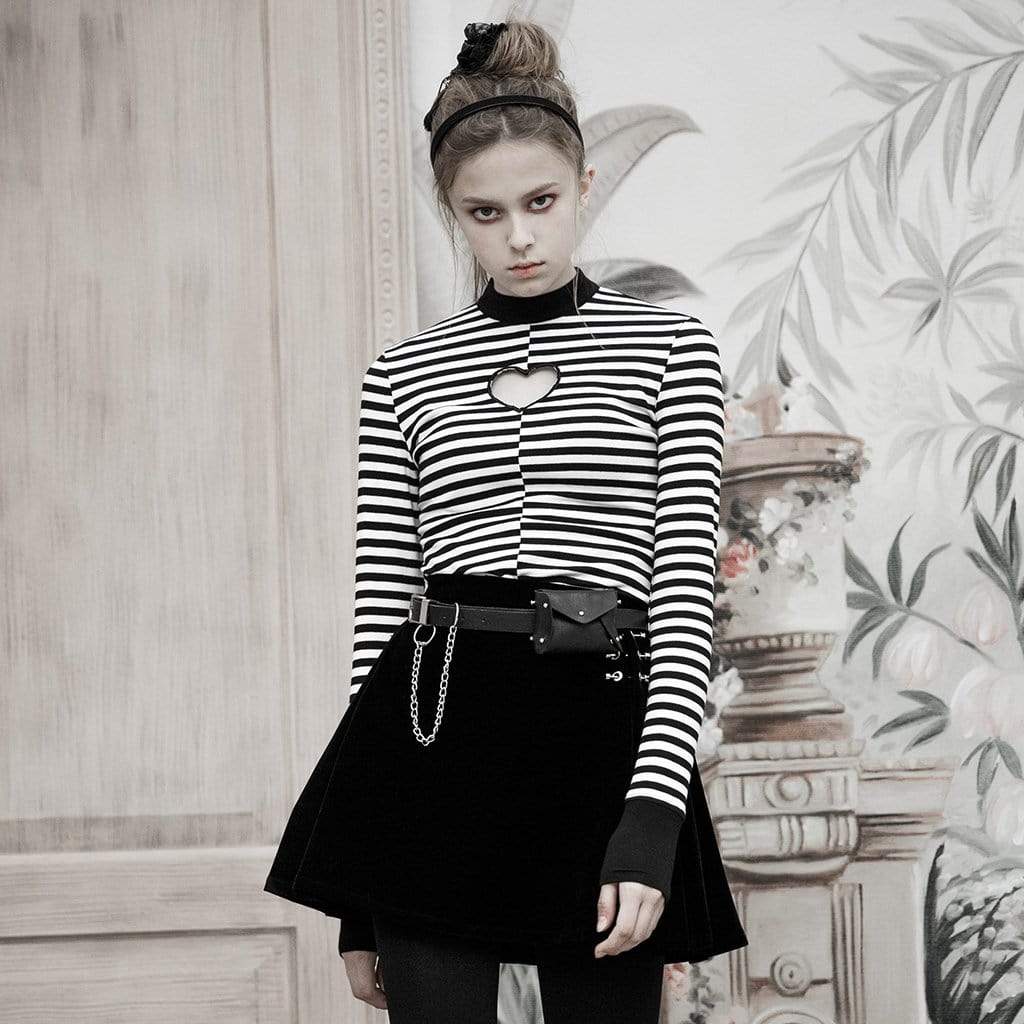 Langärmliges T-Shirt mit Grunge-Ausschnitt, Liebesherz und Zebrastreifen für Damen - Gothic Shop