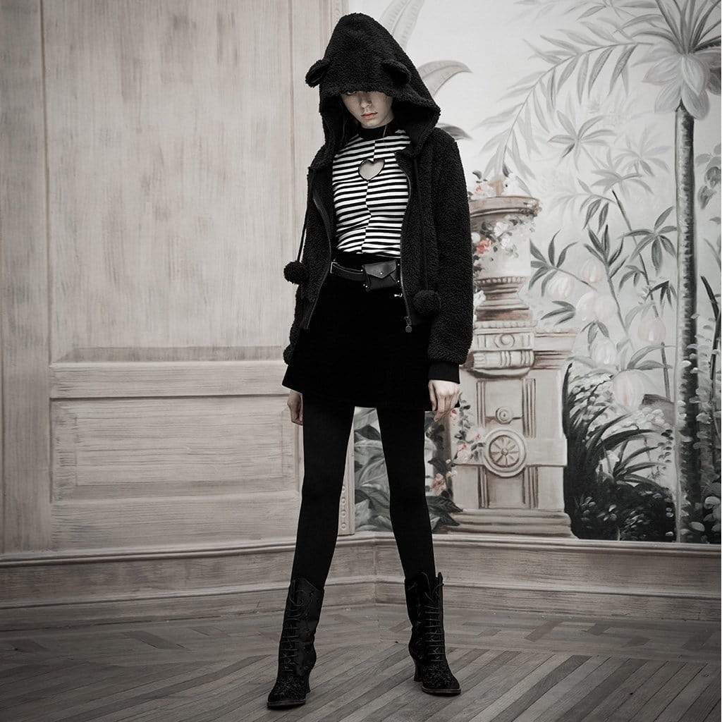 Langärmliges T-Shirt mit Grunge-Ausschnitt, Liebesherz und Zebrastreifen für Damen - Gothic Shop