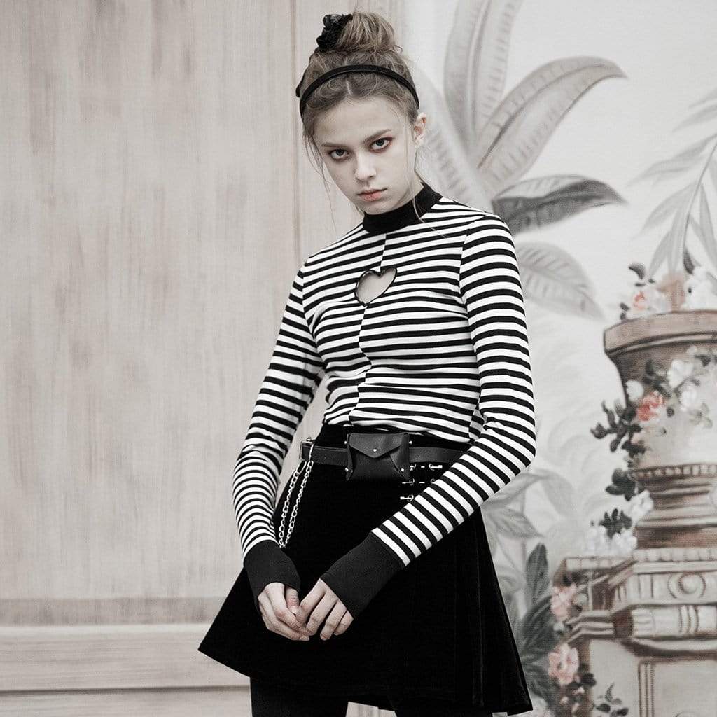 Langärmliges T-Shirt mit Grunge-Ausschnitt, Liebesherz und Zebrastreifen für Damen - Gothic Shop