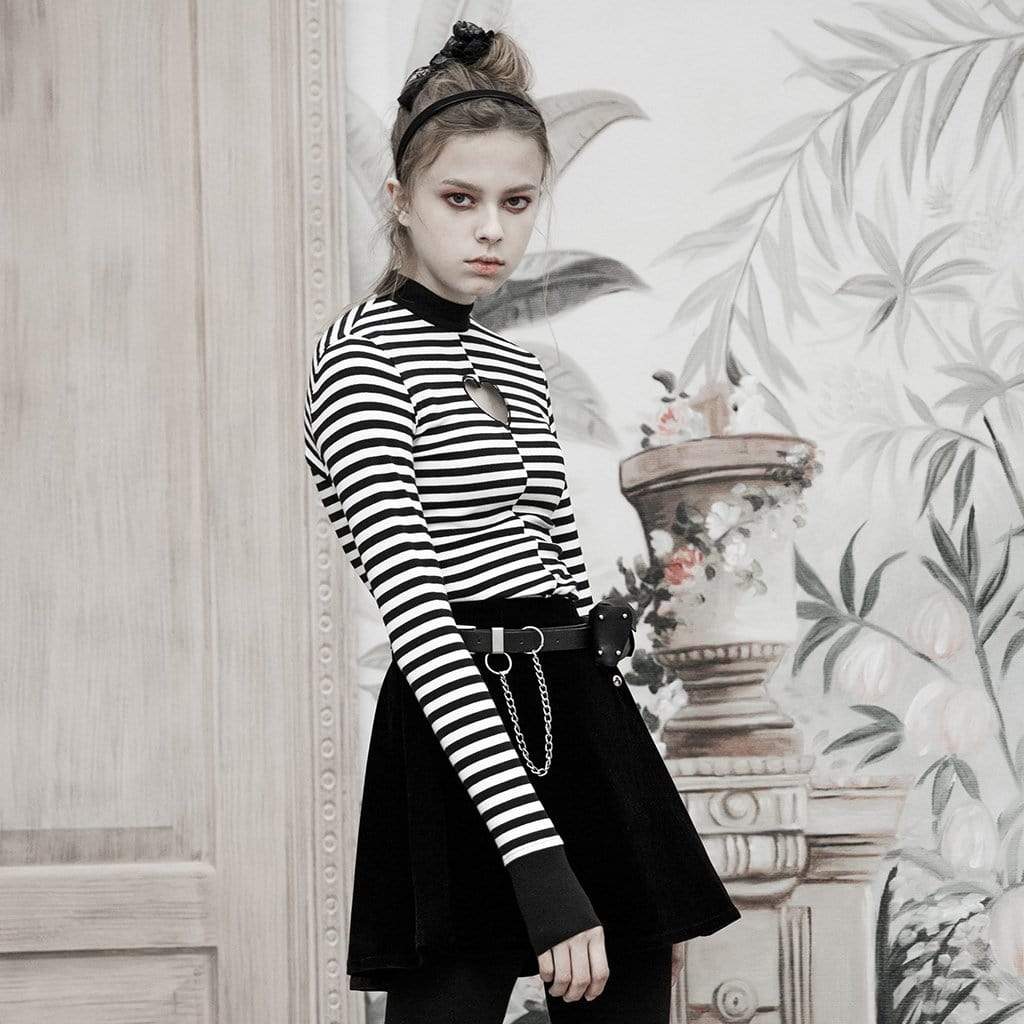Langärmliges T-Shirt mit Grunge-Ausschnitt, Liebesherz und Zebrastreifen für Damen - Gothic Shop