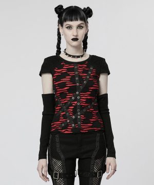 Zweifarbiges, zerrissenes Grunge-Hemd für Damen mit Ärmelärmeln - Gothic Shop