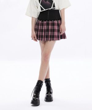 Damen-Grunge-Faltenrock mit hoher Taille und rotem Karomuster - Gothic Shop