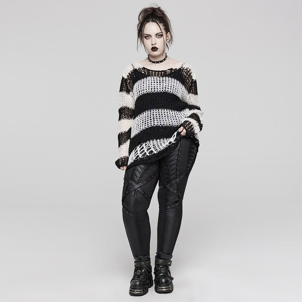 Damenpullover mit zerrissenen Grunge-Streifen - Gothic Shop