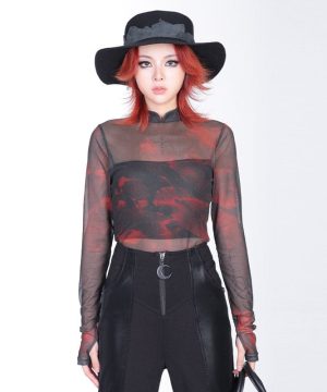 Damen-Hemd aus transparentem Netzstoff mit Stehkragen und Batikmuster im Grunge-Stil - Gothic Shop