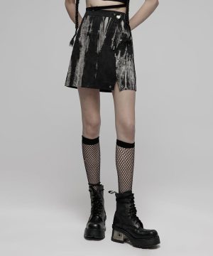 Damen-Rock in A-Linie mit Seitenschlitz und Grunge-Batikmuster - Gothic Shop