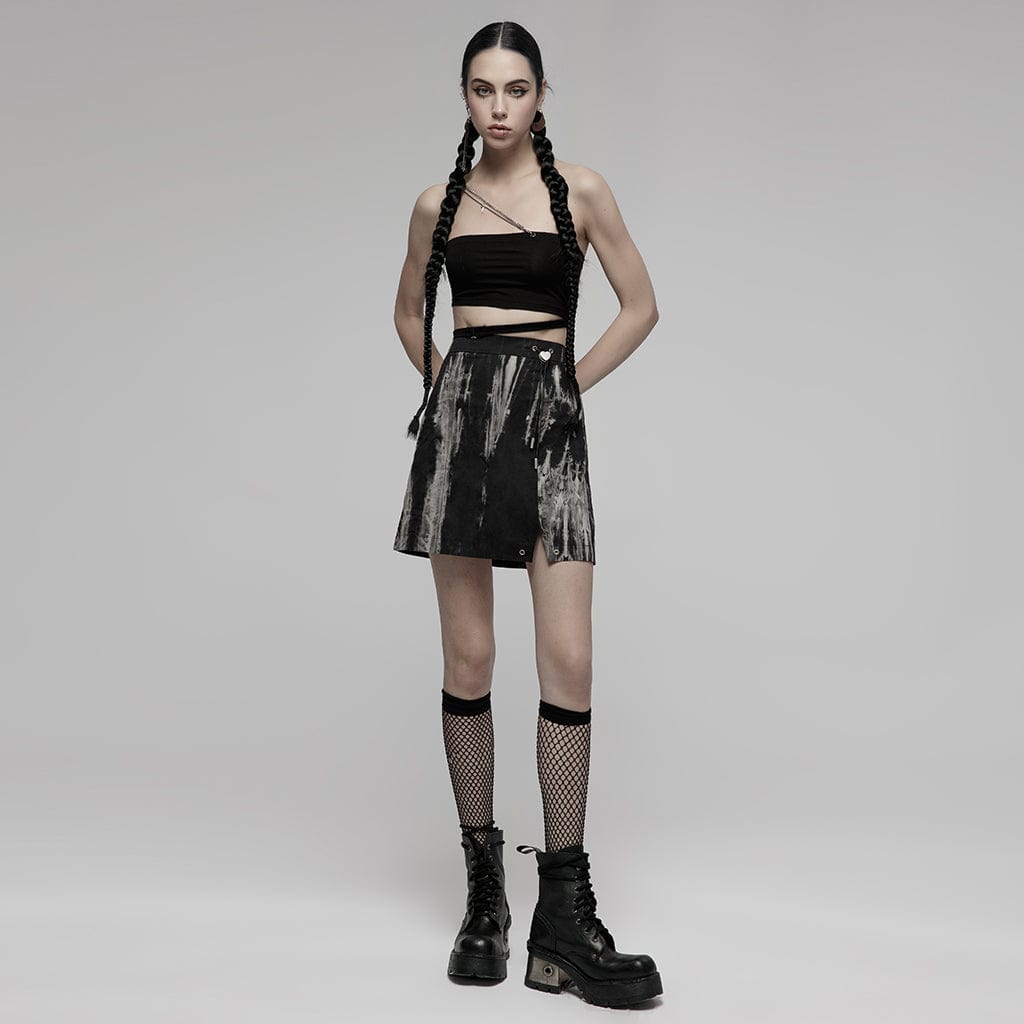 Damen-Rock in A-Linie mit Seitenschlitz und Grunge-Batikmuster - Gothic Shop