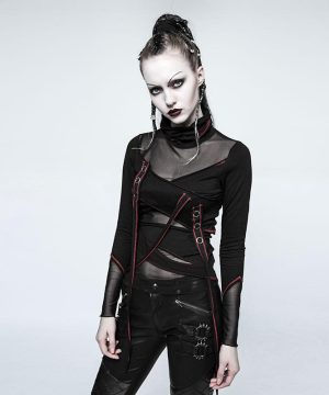 Damen-Oberteile mit hohem Kragen, Netzstoff und durchsichtigen Trägern, Rot - Gothic Shop