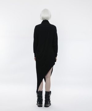 Hochgeschlossenes Damenkleid mit Fledermausärmeln und asymmetrischem Saum - Gothic Shop