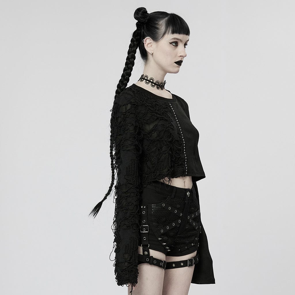 Damen-Crop-Top mit Punk-Perlen und Rissen - Gothic Shop