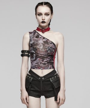 Damen-Tanktop mit Punk-Schnalle, Öse, Neckholder, Schwarz-Rot - Gothic Shop