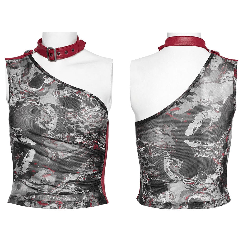 Damen-Tanktop mit Punk-Schnalle, Öse, Neckholder, Schwarz-Rot - Gothic Shop