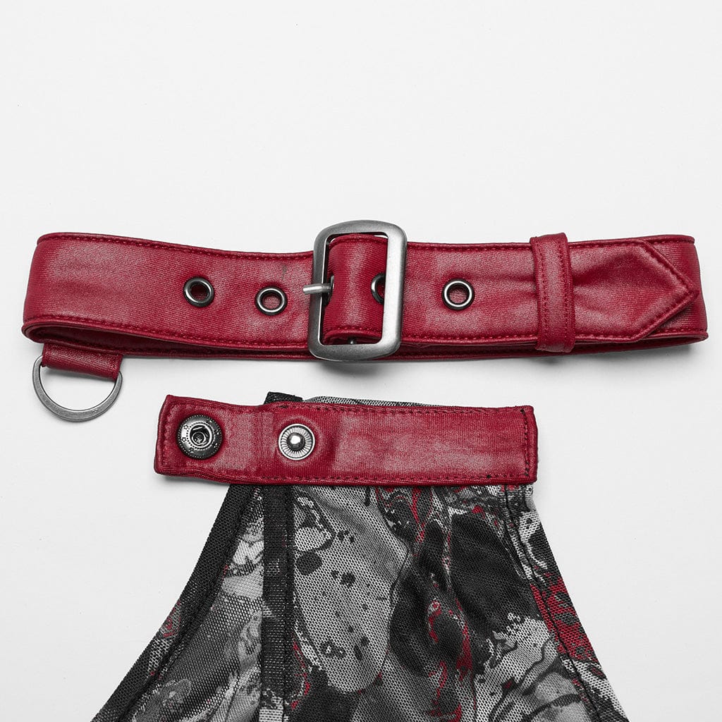 Damen-Tanktop mit Punk-Schnalle, Öse, Neckholder, Schwarz-Rot - Gothic Shop